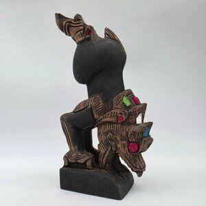 Vintage Hand Carved Wooden Dragon Figure With Colorful Mirrored Eyes Boho